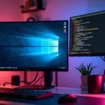 Современная компьютерная установка с экранами Windows 10 и 11 и терминалом Linux, символизирующим WSL 2
