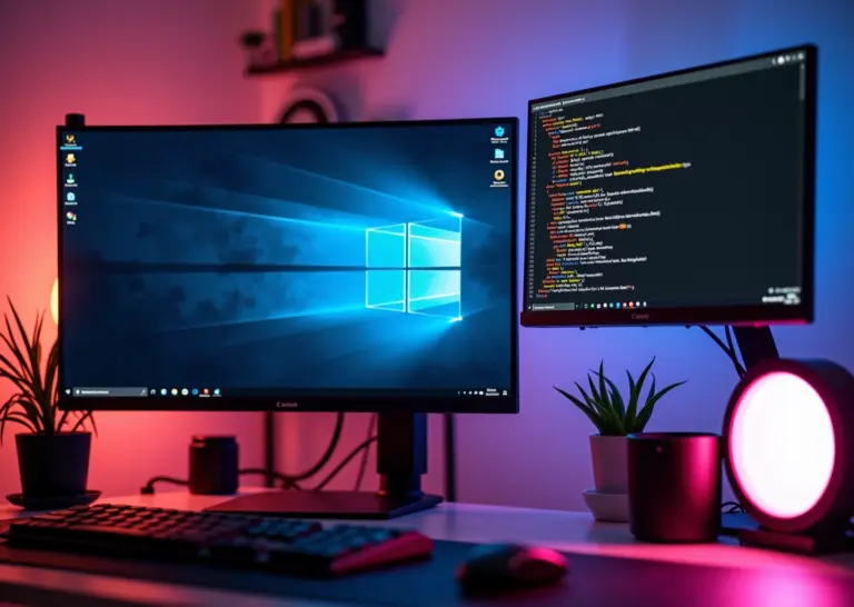 Современная компьютерная установка с экранами Windows 10 и 11 и терминалом Linux, символизирующим WSL 2