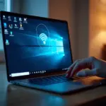 Изображение ноутбука с Windows 11, на экране которого отсутствует значок Wi-Fi, отражающее тему статьи о решении проблем с беспроводным соединением