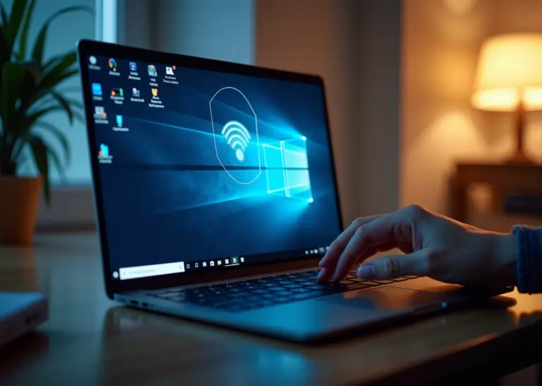 Изображение ноутбука с Windows 11, на экране которого отсутствует значок Wi-Fi, отражающее тему статьи о решении проблем с беспроводным соединением