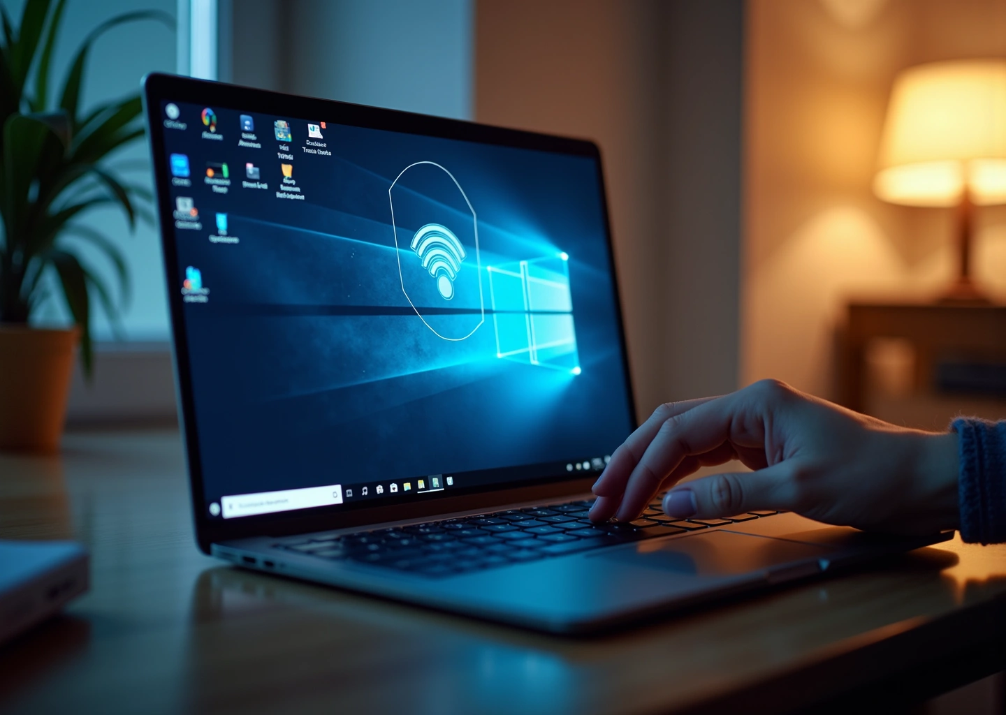 Изображение ноутбука с Windows 11, на экране которого отсутствует значок Wi-Fi, отражающее тему статьи о решении проблем с беспроводным соединением