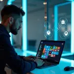 Современное рабочее место с пользователем, оценивающим Windows 11 на ноутбуке с видимым центрированным меню Пуск и панелью виджетов