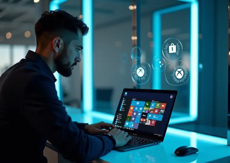 Современное рабочее место с пользователем, оценивающим Windows 11 на ноутбуке с видимым центрированным меню Пуск и панелью виджетов