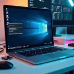 Современный ноутбук с Windows 11, отображающий уведомления об ошибках USB, окружённый разными USB-устройствами и иконками диагностических инструментов