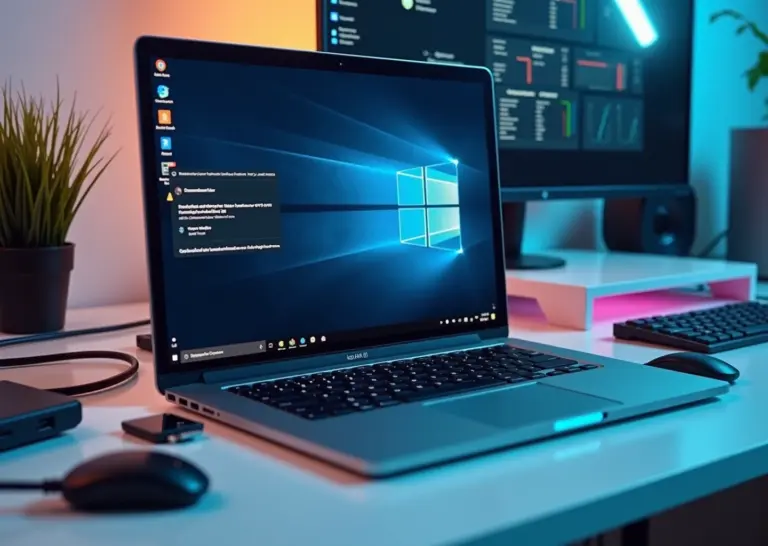 Современный ноутбук с Windows 11, отображающий уведомления об ошибках USB, окружённый разными USB-устройствами и иконками диагностических инструментов