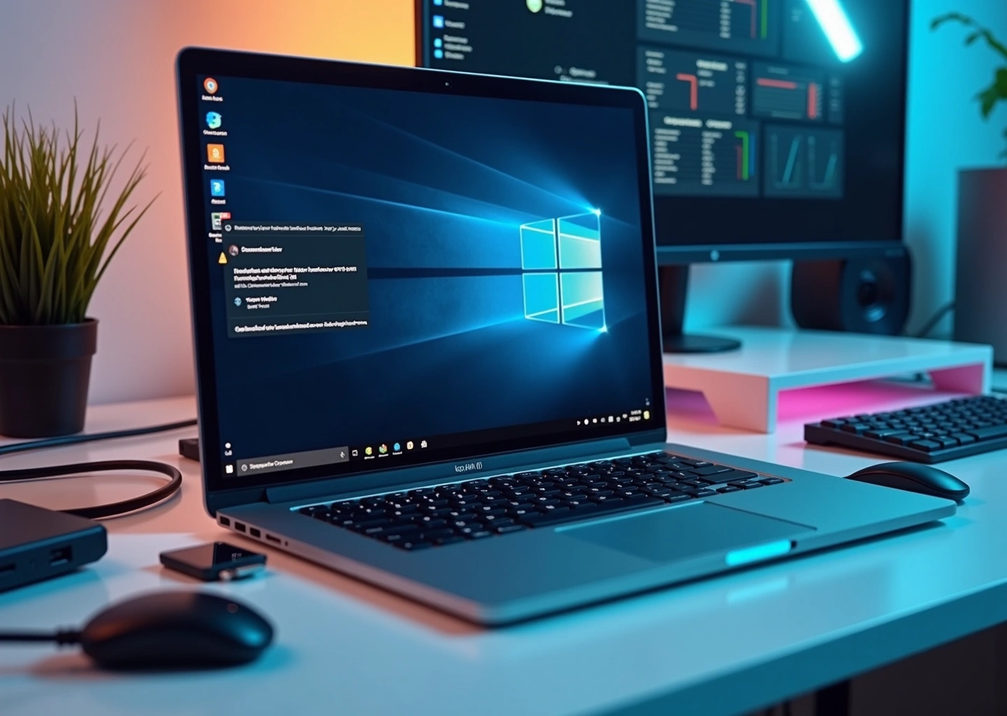 Современный ноутбук с Windows 11, отображающий уведомления об ошибках USB, окружённый разными USB-устройствами и иконками диагностических инструментов