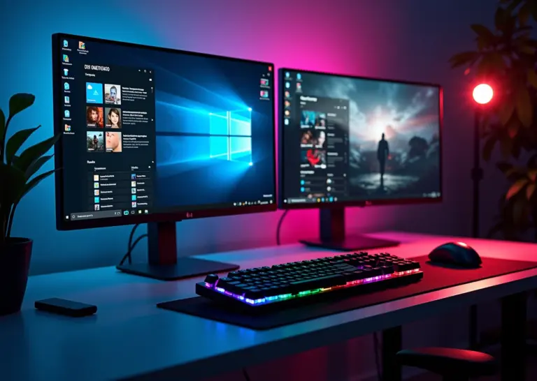 Совремённое рабочее место с двумя мониторами показывающими интерфейсы Windows 10 и Windows 11, различия в интерфейсе и игровых возможностях
