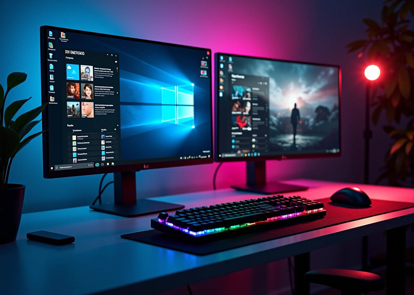 Совремённое рабочее место с двумя мониторами показывающими интерфейсы Windows 10 и Windows 11, различия в интерфейсе и игровых возможностях