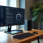 Рабочее место с компьютером на Windows 11, экран с настройками звука и обновлениями