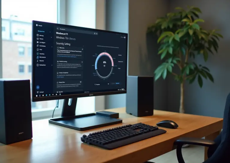 Рабочее место с компьютером на Windows 11, экран с настройками звука и обновлениями