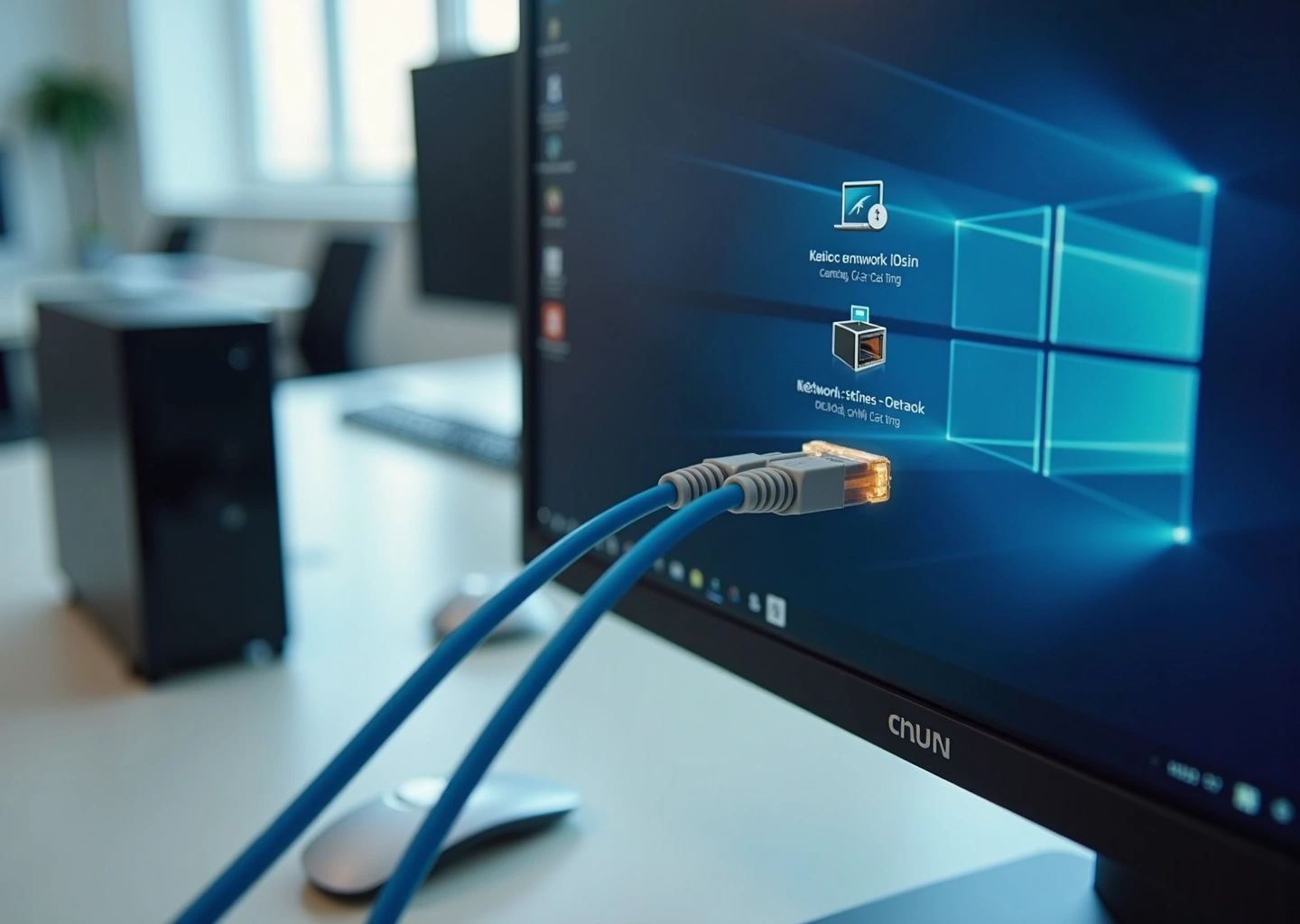 Компьютер с открытыми настройками сети и подключенным Ethernet кабелем