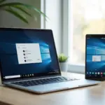 Фотография ноутбука с экраном Windows 11, открытой панелью истории буфера (Win+V) с несколькими элементами и иконкой синхронизации, рядом смартфон с теми же скопированными элементами