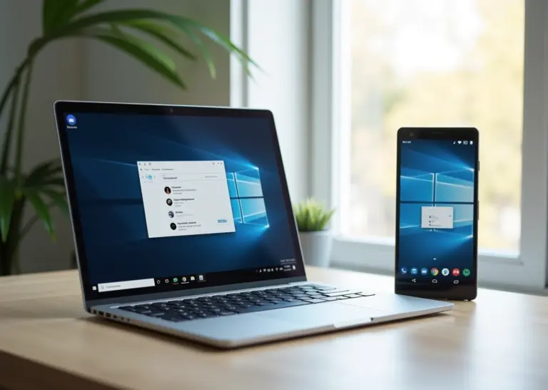 Фотография ноутбука с экраном Windows 11, открытой панелью истории буфера (Win+V) с несколькими элементами и иконкой синхронизации, рядом смартфон с теми же скопированными элементами