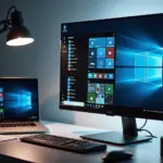 Рабочий стол с экраном Windows 11 отображающим интерфейс обновления 25H2, ноутбук и документы на столе