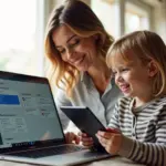 Родитель на ноутбуке с Windows 11 настраивает Microsoft Family Safety, ребёнок с планшетом рядом, иконки ограничения экрана и фильтрации контента