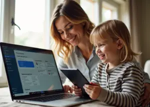 Родитель на ноутбуке с Windows 11 настраивает Microsoft Family Safety, ребёнок с планшетом рядом, иконки ограничения экрана и фильтрации контента