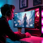 Игровой компьютер с видеокартой RTX и экраном, показывающим активную функцию DLSS Frame Generation и счётчик FPS