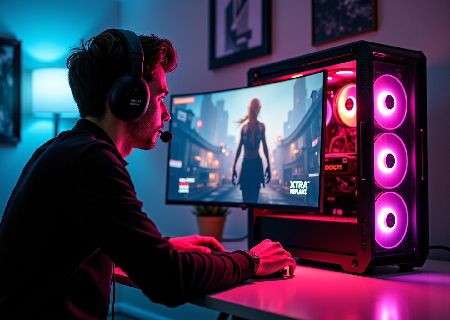 Игровой компьютер с видеокартой RTX и экраном, показывающим активную функцию DLSS Frame Generation и счётчик FPS