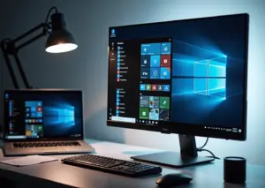 Рабочий стол с экраном Windows 11 отображающим интерфейс обновления 25H2, ноутбук и документы на столе