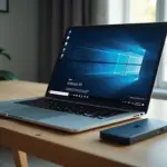 Ноутбук с Windows 11, внешний SSD и USB‑накопитель для восстановления, на экране индикатор создания системного образа