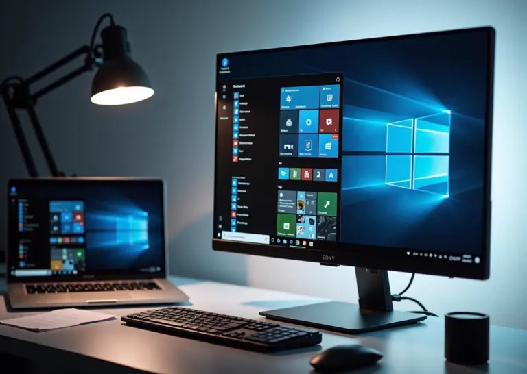 Рабочий стол с экраном Windows 11 отображающим интерфейс обновления 25H2, ноутбук и документы на столе